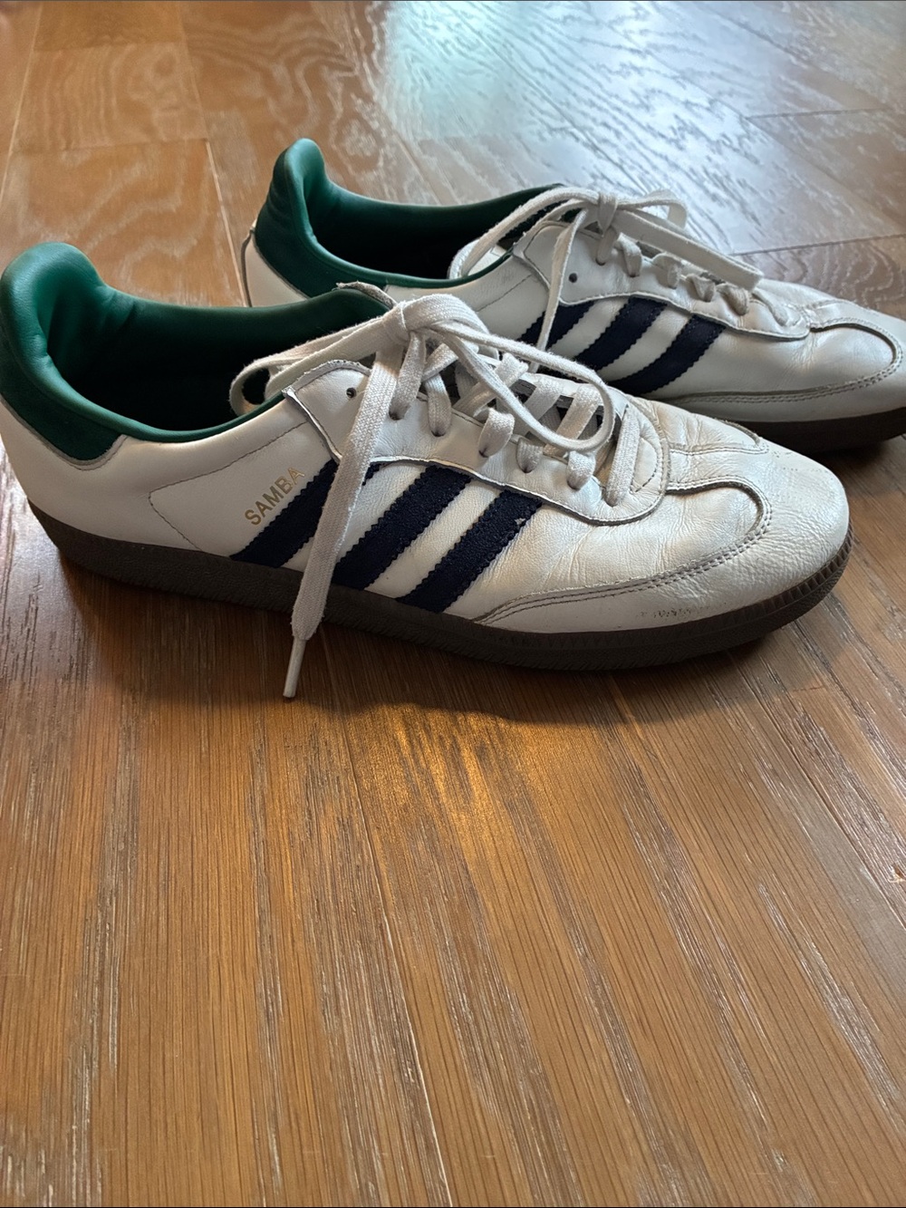 adidas White Leather Sneakers with Navy Stripes and Green Lining